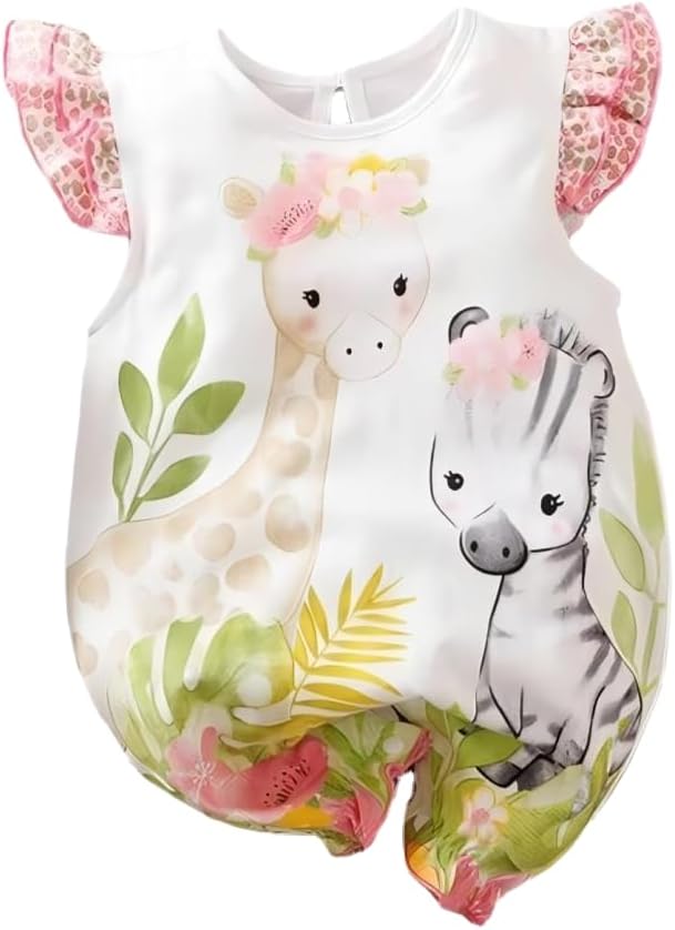 251230200405706_1 Aoswep - Cute Giraffe + Zebra With Floral Print Long Sleeve Baby Girl Clothes White Jumpsuit For Baby One-Piece Romper - Image 1